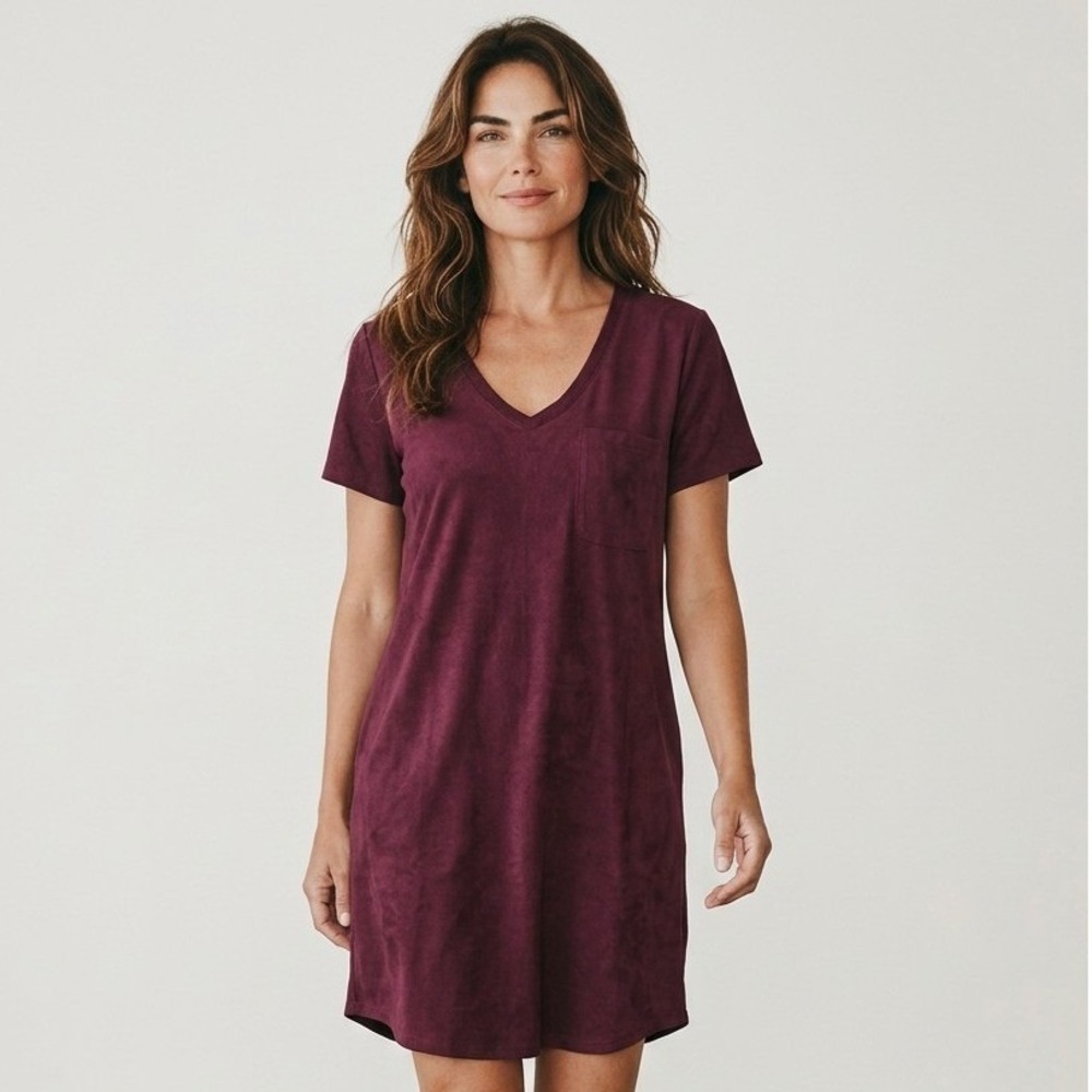 Z Supply Burgundy Plum Faux Suede V-Neck‎ Pocket T-Shirt Mini Dress Small